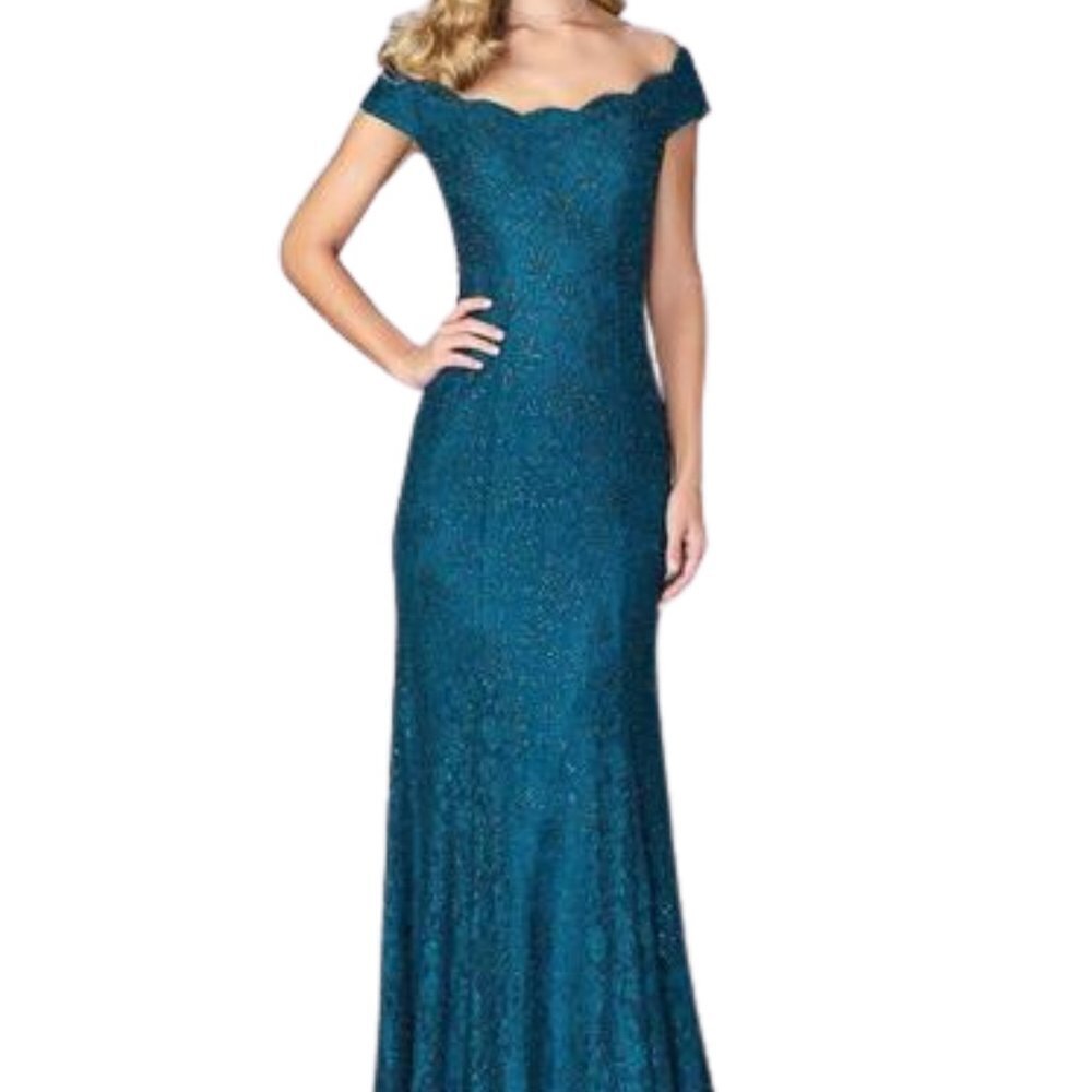 NWT La Femme 24928SC Lace Evening Dress Blue Size 4